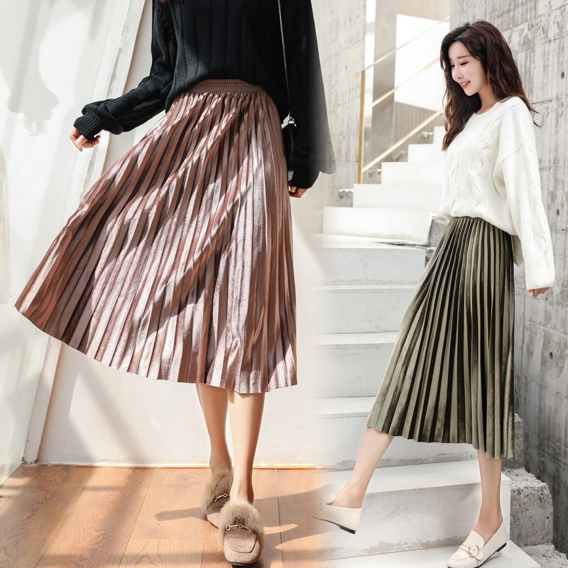 大人っぽカラー ボトムス スカート プリーツスカート ミモレ丈 ミディアム丈 Aライン ベルベット ウエストゴム ハイウエスト かわいい 大人可愛い シンプル カジュアル きれいめ 上品 おしゃれ