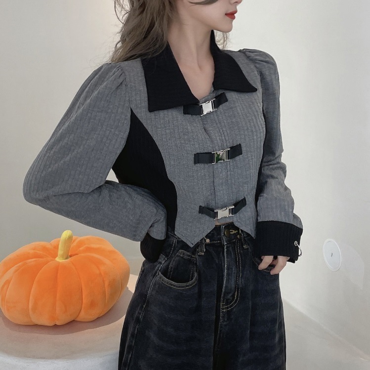 ジャケット トップス トップ パフスリーブ 長袖 シャツ ポロカラー フランス ヴィンテージ ゆったり スウィート クールスタイル コントラスト レディース 春 デザインセンス トレンド