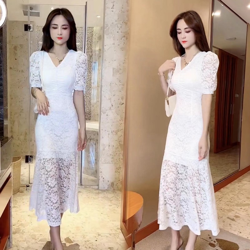 ワンピース フレアワンピース ワンピドレス ミモレ ミモレ丈 ロング ロング丈 袖あり 半袖 5分袖 五分袖 7分袖 Vネック フレア レース 刺繍 透け感 シースルー かわいい 大人可愛い おしゃれ