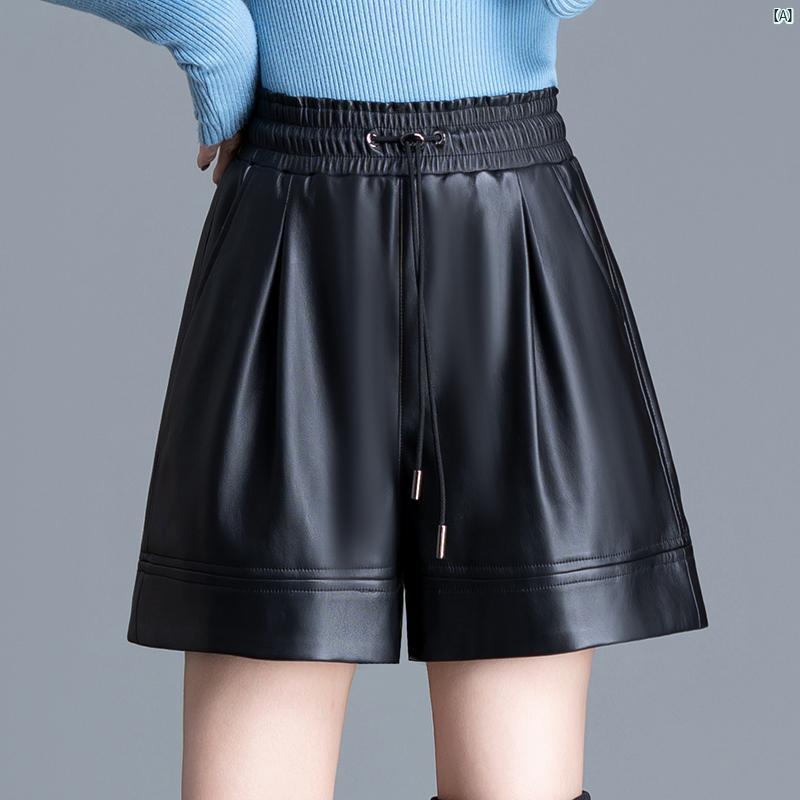 小柄 秋冬 レディース レザー ショート パンツ ウエスト ゴム レースアップ たり スリム ワイド アウター 快適 PU レザーパンツ