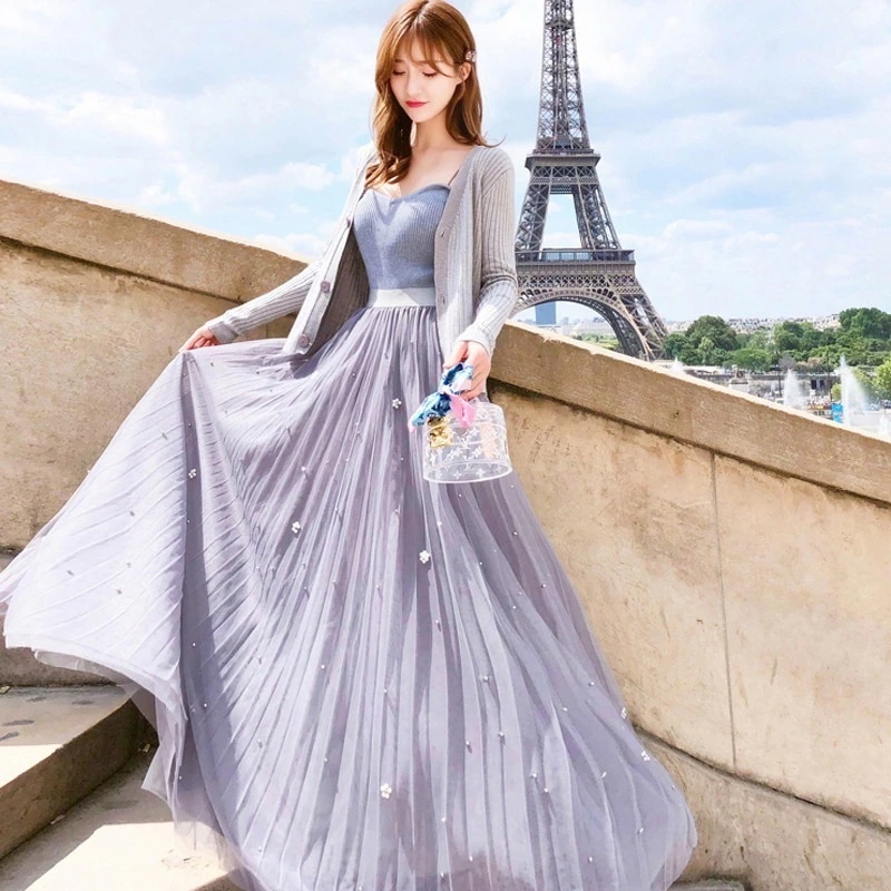 ワンピーススリーピースカーディガントップスフレアスカートAライlン長袖　ロング　マキシワンピースニットキャミソールフェアリーデートお出かけカジュアルエレガントルチャン可愛い上品きれいめ清楚フェミニンガ