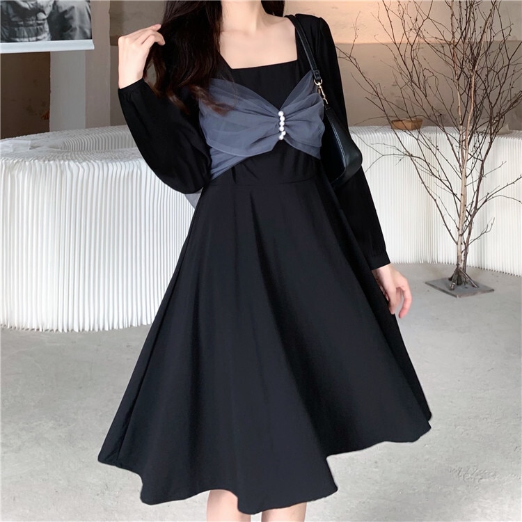 【送料無料】レディース シフォンワンピース リボン 長袖 モノトーン サイズ豊富