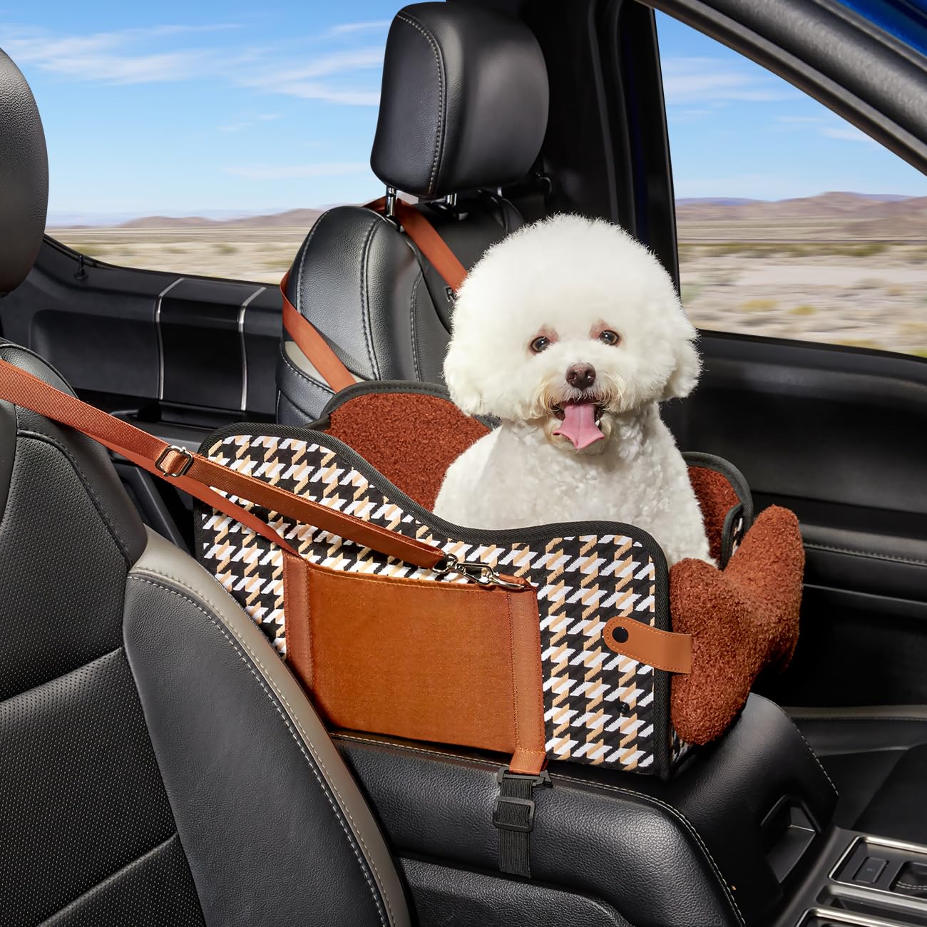 3way 犬ドライブボックス ペット 犬 車 シート 助手席 車用ベッド アームレストボックス 飛び出し防止 型崩れしない リード付き ハーネス 折り畳み 猫 犬 ペットカーシート キャリー ドライブ