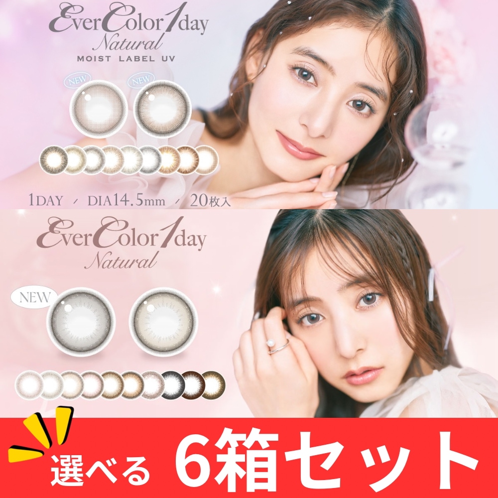 選べる【6箱セット】カラコン 1day エバー カラーワンデー ナチュラル / モイストレーベルUV (1箱20枚入) 度あり 度なし UVカット パールスノーグレー パールベージュ 新木優子