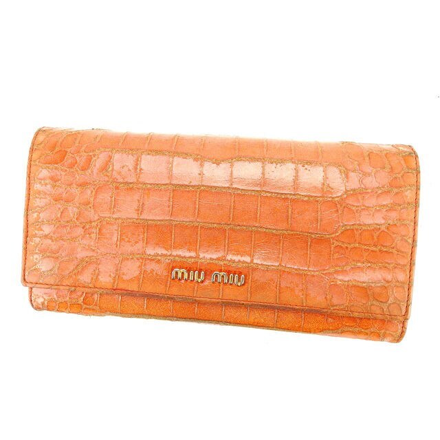 長財布 ファスナー付き長財布 クロコダイル調 オレンジ ゴールド 中古