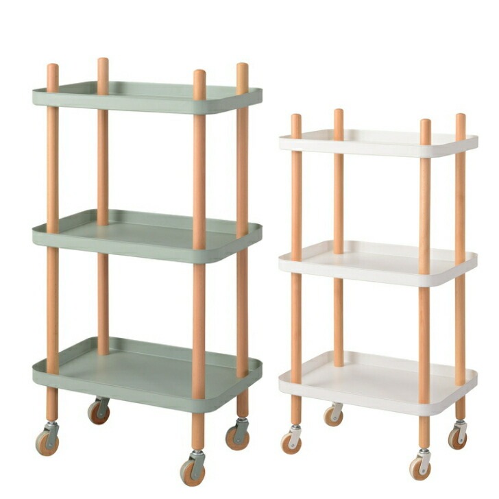 ワゴン3D マルチワゴン 3段 キッチンワゴン サイドテーブル キャスター トレー 天然木 ナチュラル 収納 ラック オープンラック グリーン ホワイト PW-53
