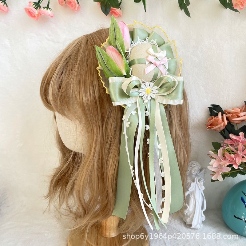 グリーンロリータリップヘアアクセサリーピンクお花ロリータ優しいクラレース帽子ヘッドドレス