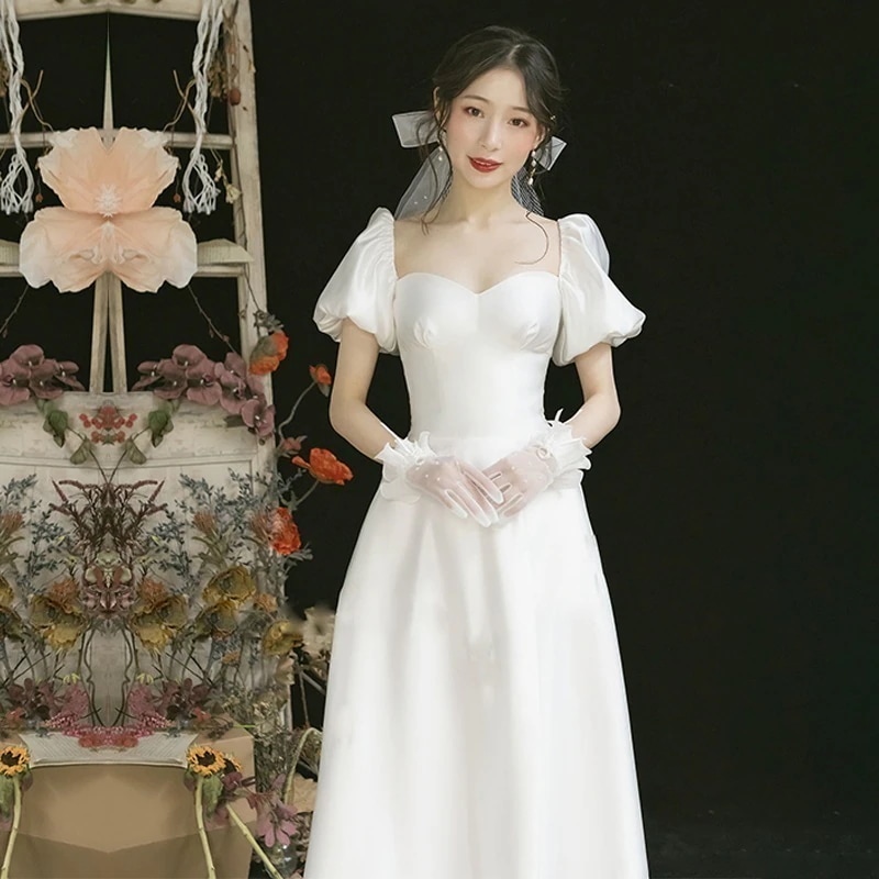 韓国新作追加!!! 結婚式 ドレス ワンピース サテン ウエディングドレス レトロ 花嫁 披露宴 二次会 謝恩会 発表会 演奏会 女子会