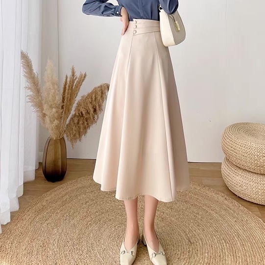 レディース スカート ボトムス フレア フレアスカート ロングスカート ミモレ ロング アシンメトリー Aライン フェミニン ウエストマーク ハイウエスト コンサバ ボタン きれいめ シンプル