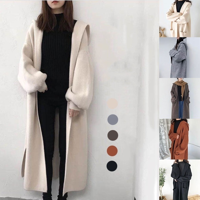【追加TYPE!】 韓国系 無地 フード付き ロング アンプルライン カーディガン レディース 秋 冬 秋コーデ