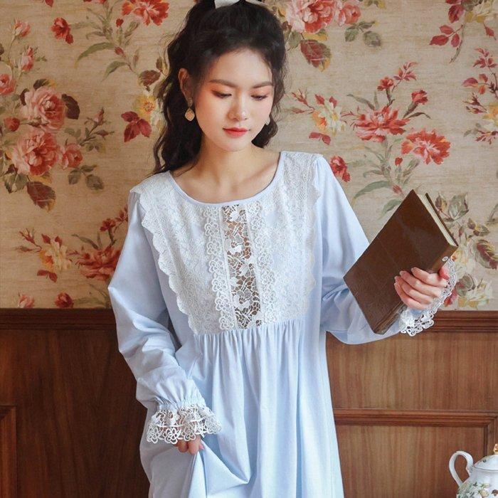 パジャマ 長袖 寝巻き ロング丈 大人かわいい princess lace cotton nightdress neglige ナイトウエア春新作 レディース レース 姫系 綿100