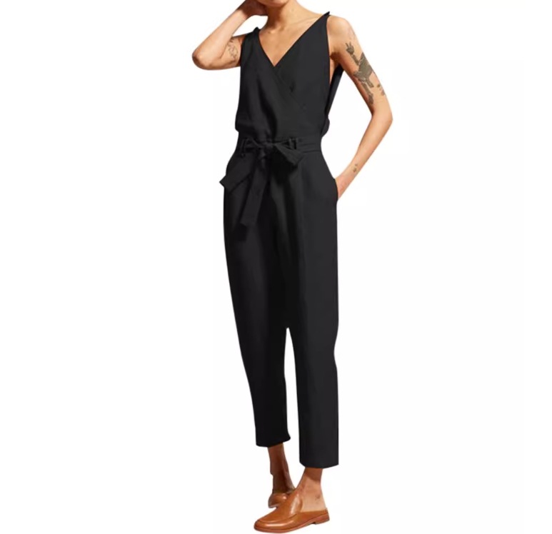 レディース サロペット テーパードパンツ 8分丈 9分丈 袖なし ノースリーブ Vネック 襟なし リボン ウエストマーク ウエストリボン 薄手 かわいい 大人可愛い シンプル おしゃれ かっこいい