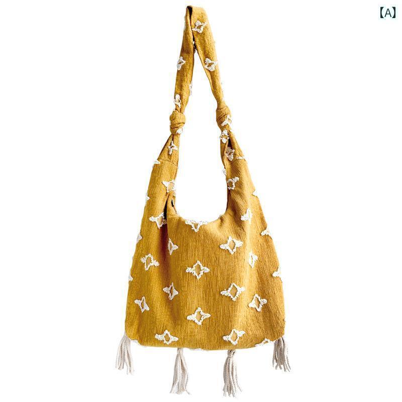 トートバッグ レディース 鞄 ショルダー 2way 斜めがけ a4 サイズ 横 大容量 ファスナー ポケット 柔らかい 旅行 大きめ ボヘミアン 綿 リネン タッセル レトロ かわいい 個性