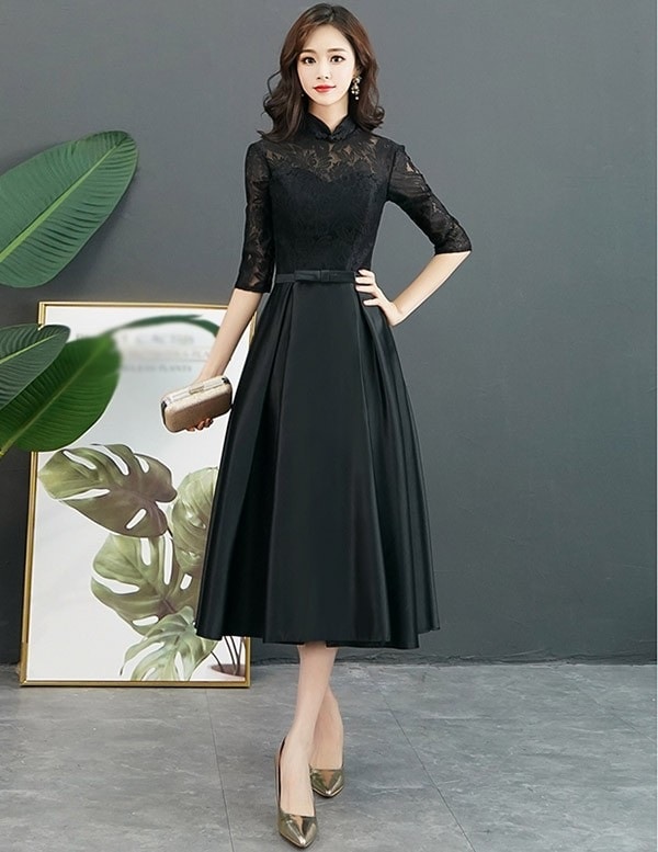 ワンピースドレスドレスミモレ丈 ぽっちゃり 演奏会 ピアノ発表会 パーティードレス 女子会 大人 大人可愛い 大きいサ ステージドレス 二次会 Aライン ドレス 袖付き ワンピース ピアノ イブニ