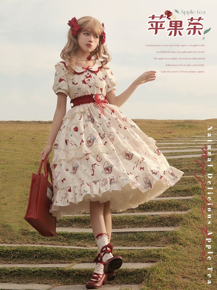 ロリータ コスプレ コスプレ セクシー アップル茶プリントロリータドレス春夏半袖 素朴なロリータドレス プリンセスドレス