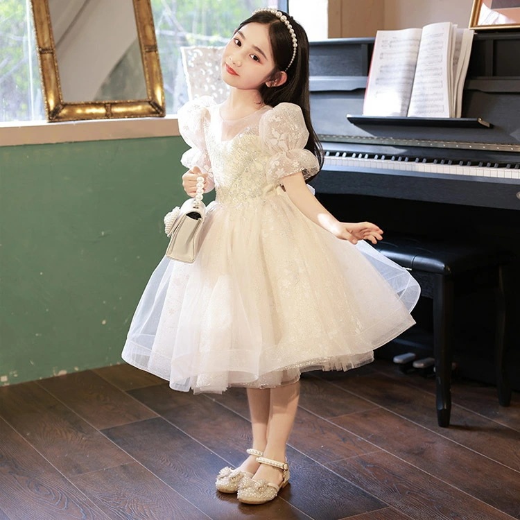 子供ドレス ライトシャンパン色 ショート丈 女児ドレス 花柄 可愛い パフスリーブ 可愛いドレス プリンセスドレス 女の子ドレス ギフト プレゼント キッズドレス ピアノ発表会 演奏会 フォーマル 1
