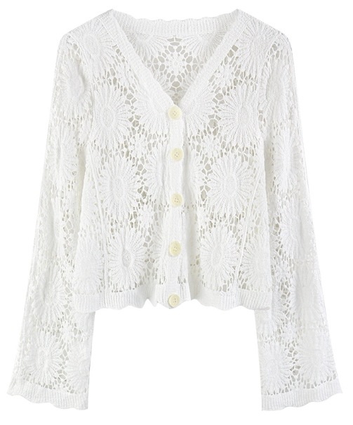 トップス カーディガン ミニ ミニ丈 ショート ショート丈 袖あり 長袖 Vネック フリル 透かし編み サマーニット かわいい 大人可愛い きれいめ シンプル 上品 おしゃれ お洒落 ラブリー 4,910円