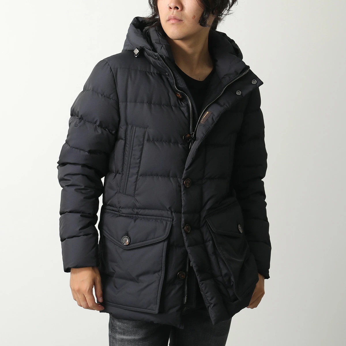 MOORER ムーレー ダウンジャケット FAGIO-KM メンズ ダウンコート フード付き ミディ丈 ロゴ BLU