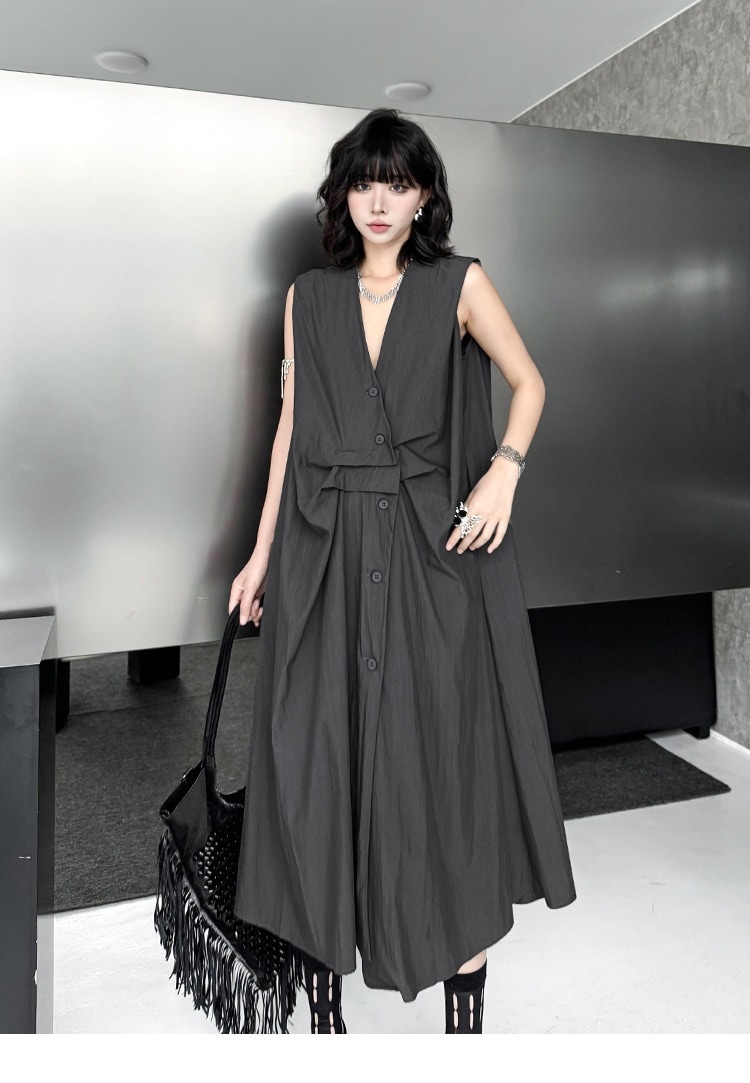 【J.Fashion】デザイン感ノースリーブシャツワンピース ゆったり 体型カバー ベストワンピース レディース レトロカジュアルロングワンピース 気質着痩せ百掛け メガ割 5,349円