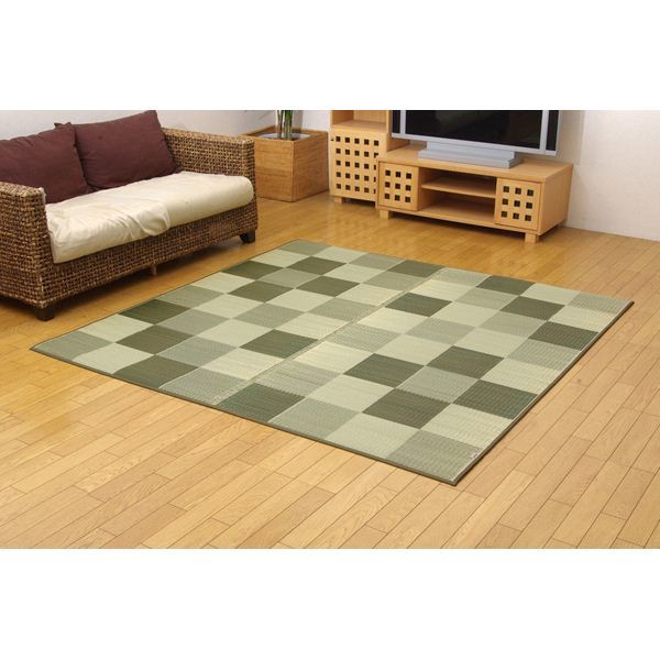 純国産/日本製 い草ラグカーペット 『Fブロック2』 グリーン 約191x191cm（裏：ウレタン）