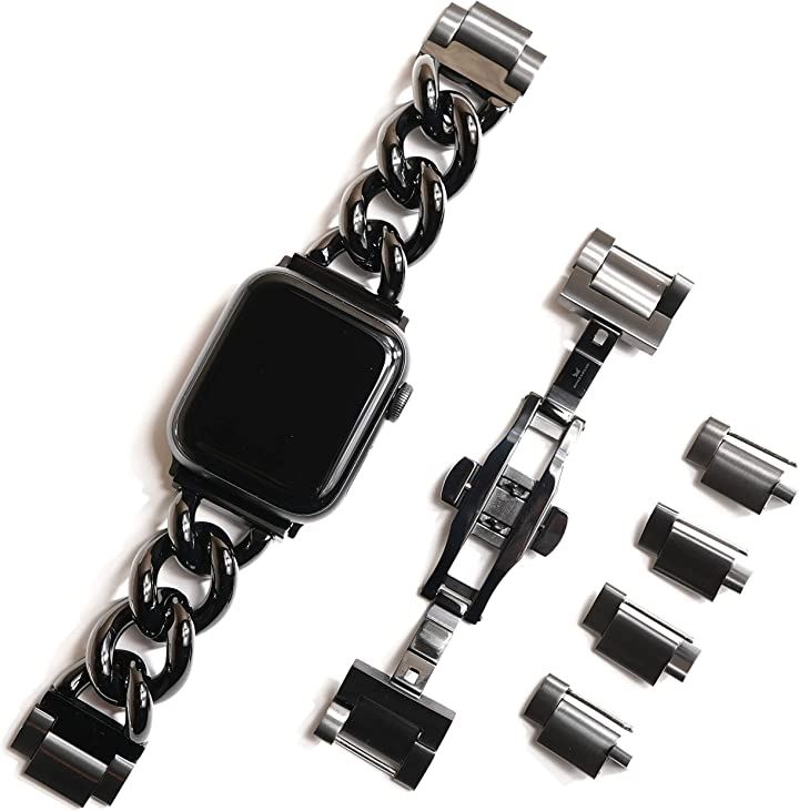 AppleWatch用 チャンキー チェーンベルト シルバー/ステンレス 工具不要 バタフライバックル 44mm 45mm(ブラック, 44mm 45mm 46mm 49mm)