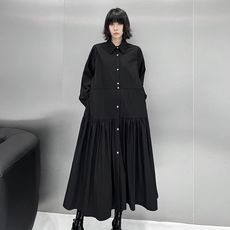 【Noir Mode】 ロング プリーツ レディース ワンピース 秋冬 シャツワンピース デザイン性 ブラックコーデ 大きいサイズ レディース 体型カバー ロングワンピース ロングスリーブワンピース