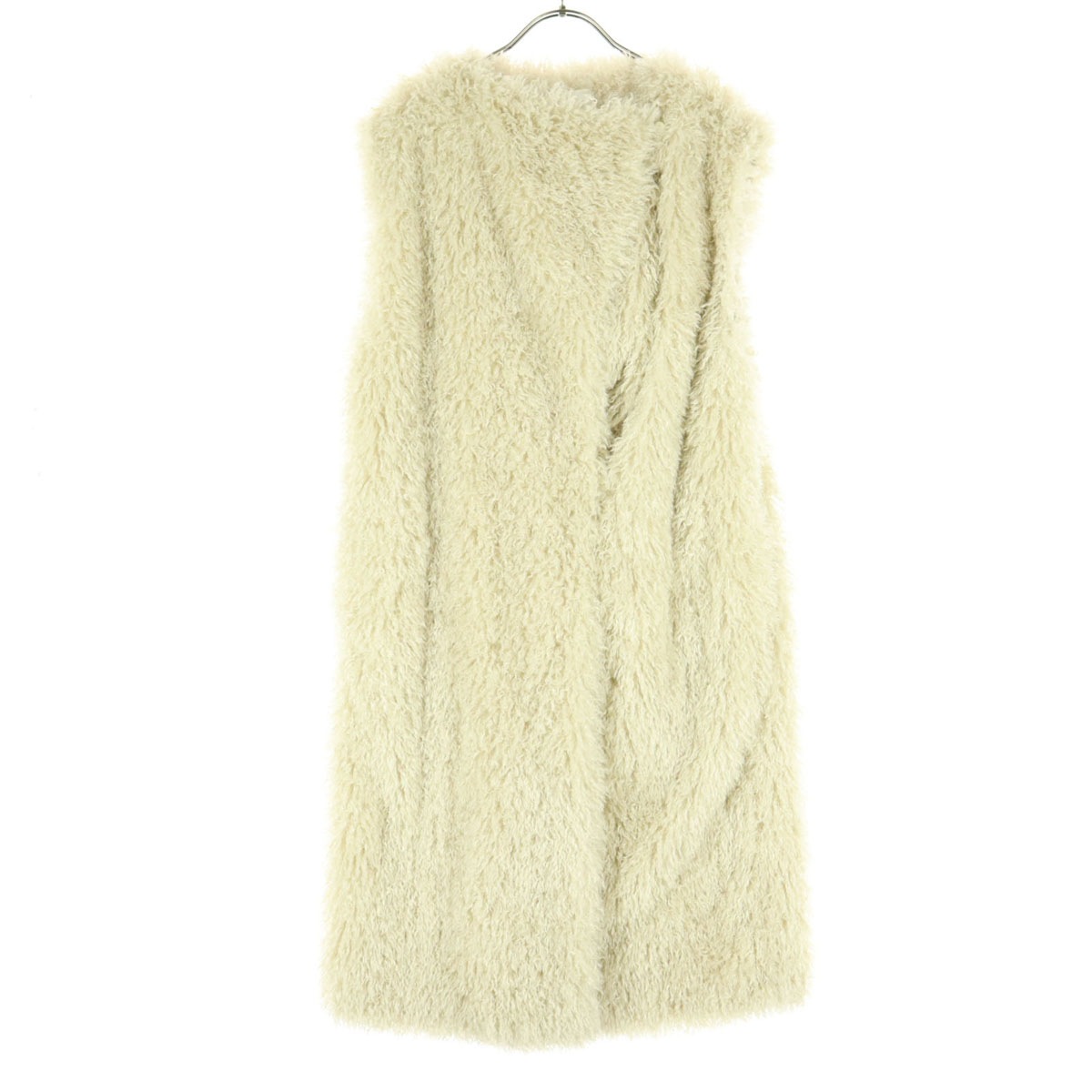 THINK FUR シンクファー ノースリーブ ボア ロング ベスト S ベージュ レディース 古着