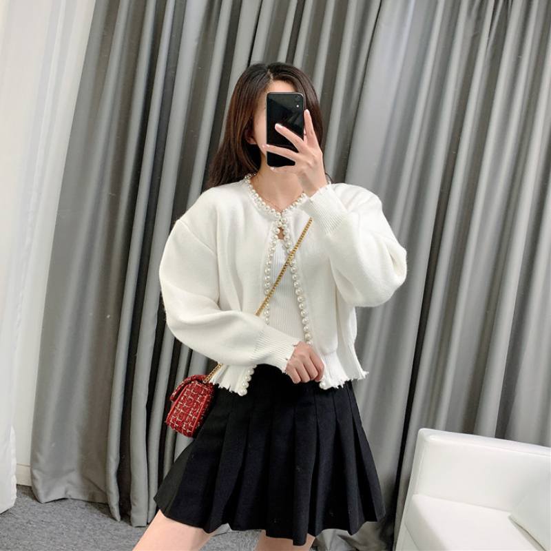 アンサンブル スカート ニットソー セーター カーディガン 白トップス 袖あり 長袖 パフスリーブ Vネック ラウンドネック ふわふわ リブ 前開き ニット ウール かわいい 大人可愛い