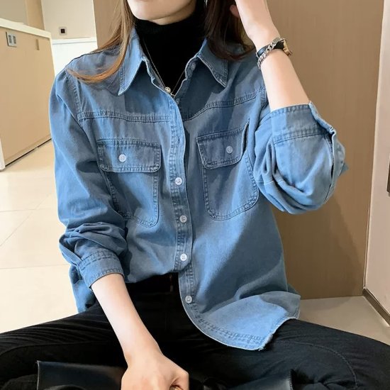 デニムシャツ レディース 長袖 大きいサイズ サイズ 春 デニムブラウス シャツ ブラウス カジュアル ラフ ストリート レトロカラー 前開き カッターシャツ 婦人服 韓国風 プチプラ