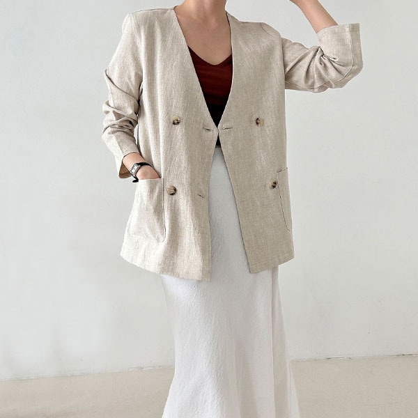 NO5159　ノーカラージャケット オフィスルック ダブルボタン　　リネン　ジャケット