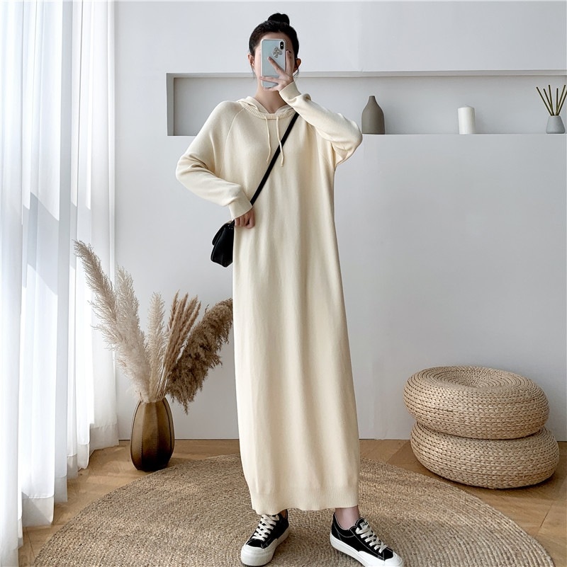 フード付きカジュアルセーターワンピースレディース春冬新作超ロングセクションベリー薄型ルーズニットセータードレス