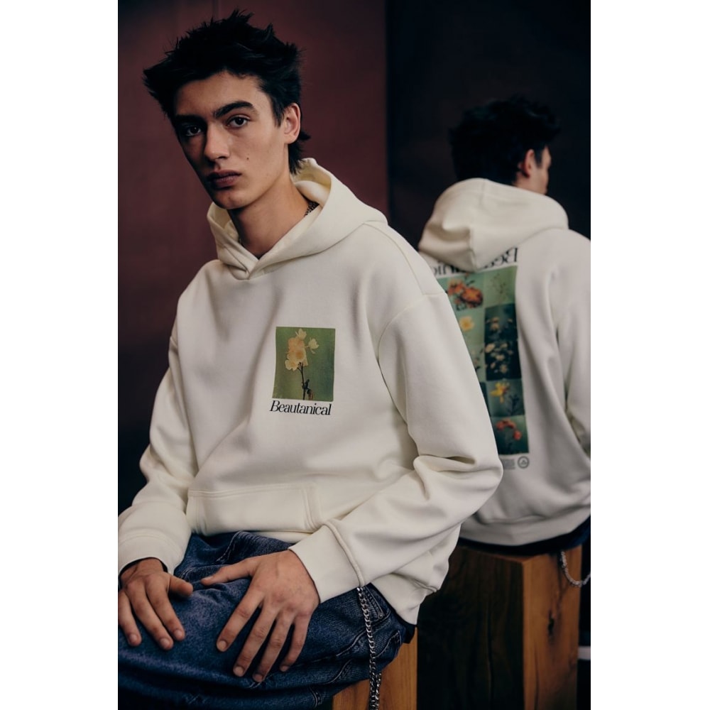 H&M ルーズフィットプリントフーディーホワイト/ビューテンシャル