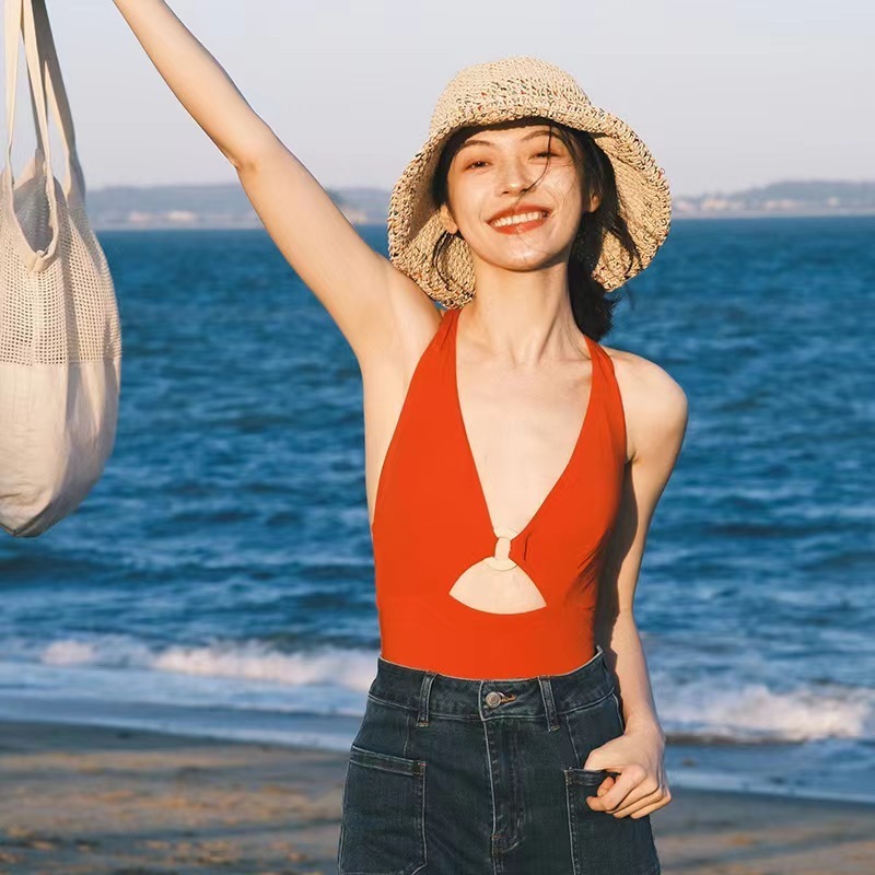 【1つ買うと10つ無料】リング中空レトロ女神タイト痩身背中の開いた温泉ビーチワンピース水着