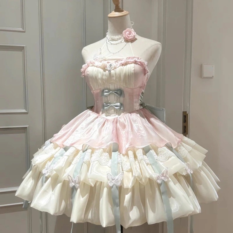 lolita プリンセススタイル ハンギングネック サスペンダー ショートスカート パフスカート スモールフレッシュ
