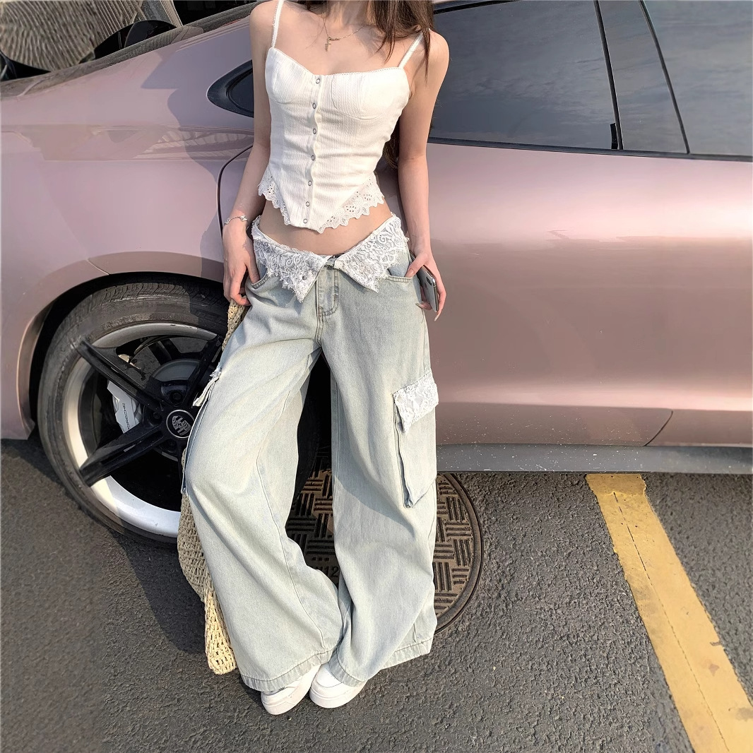 レースステッチワイドジーンズ デニム ジーンズ ボトムス レディース ワイドジーンズ ワイドデニム y2k 美脚 ストレートデニムパンツ ワイドパンツ ストリートコーデ アメカジコーデ 海外コーデ C 5,442円