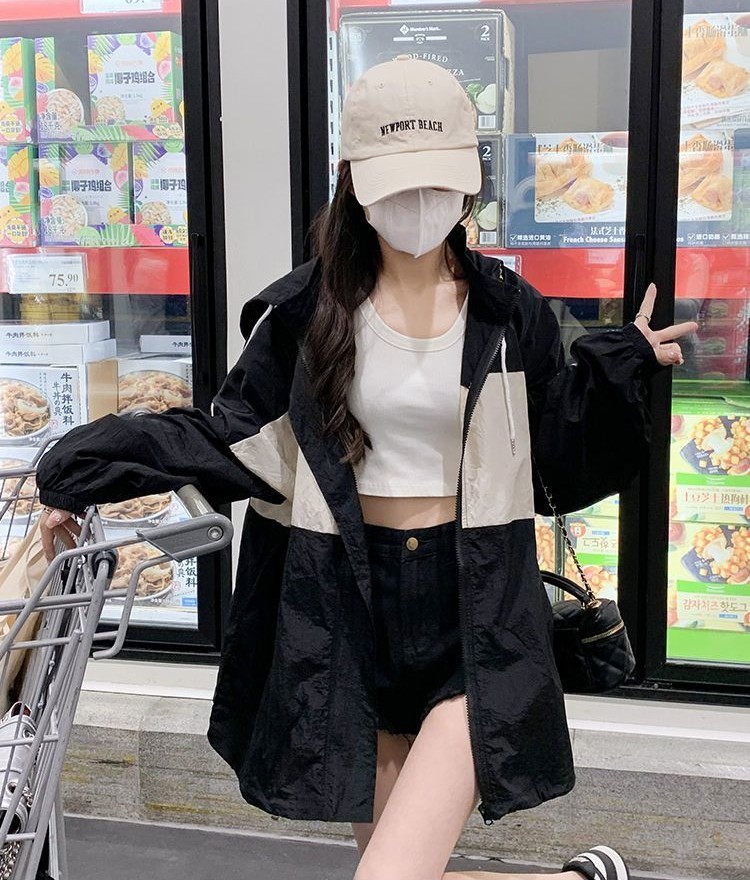 マウンテンパーカー ウィンドブレーカー ブルゾン オーバーサイズ ミドル丈 中学生 高校生 長袖 アウター 夏 韓国 ブラック カーキ ホワイト レディース 原宿系 日除け 風よけ かわ