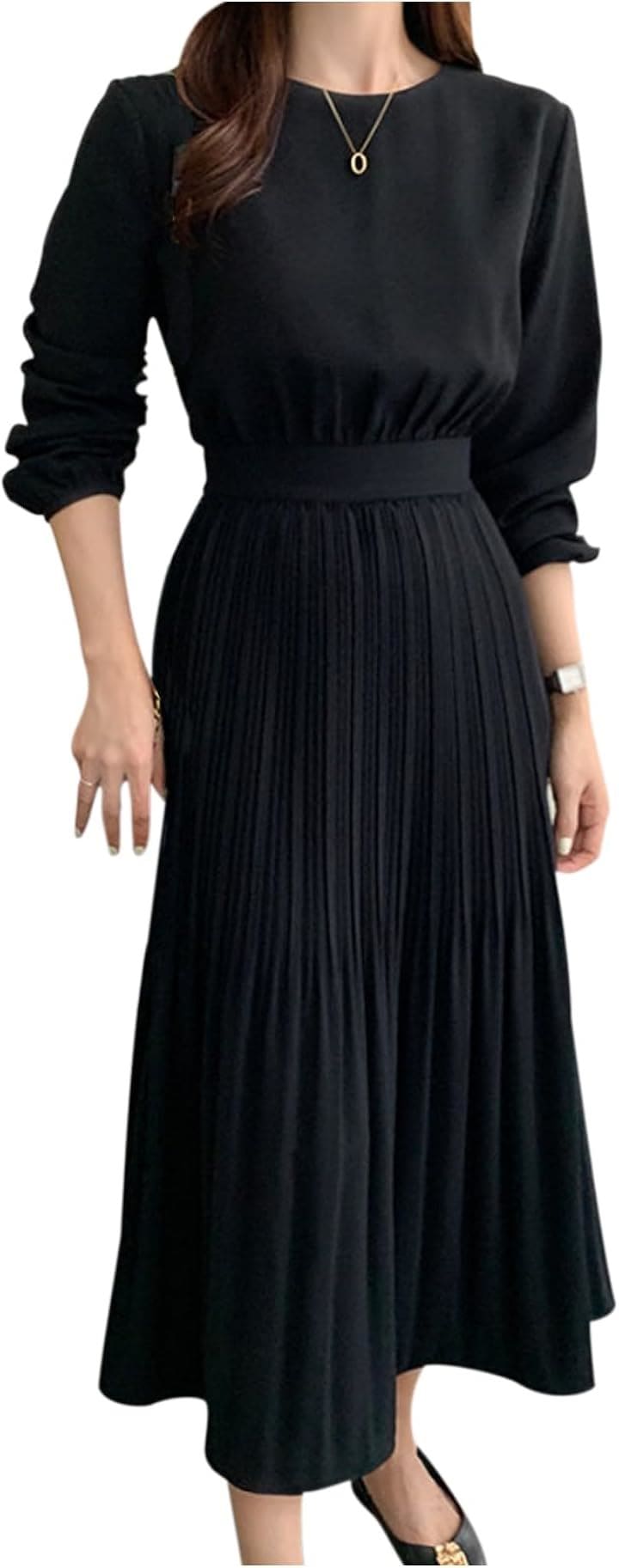 レディース ワンピース ドレス プリーツ クラシカル 長袖 パーティ 無地 ロング丈 大人 オフィス 春 秋 冬 NC405BKXL(ブラック, XL) 5,080円