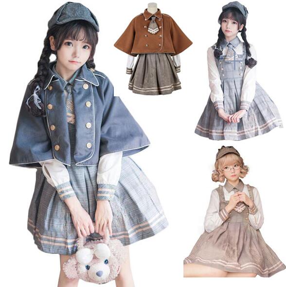 萌え可愛いロリータワンピースマント+ワンピース2点セット春秋冬イギリス学園風ロリータ長袖チェック柄ワンピースマントショートジャケットネクタイ刺繍lolita日常服学園制服 コスプレ衣装