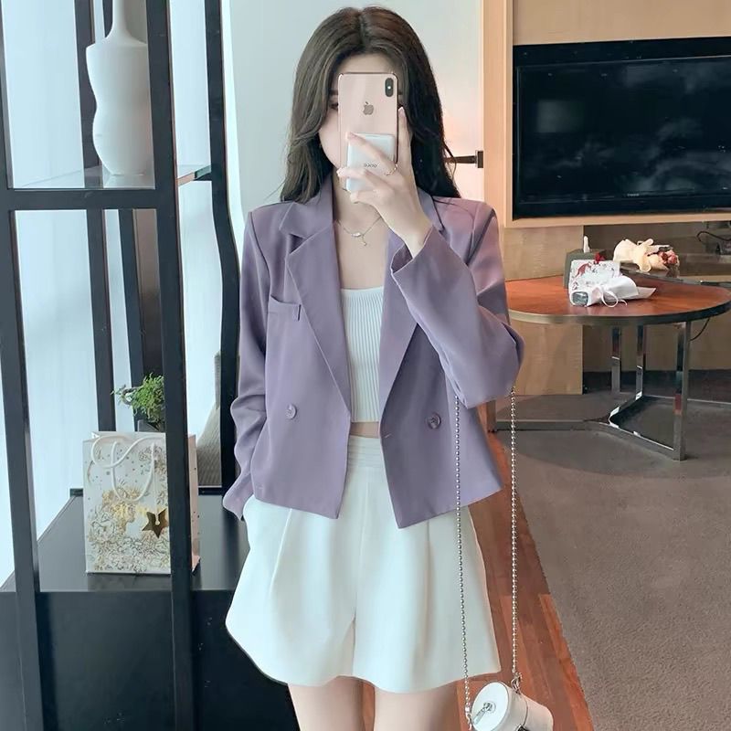 【1点ご購入 で10点プレゼントいたします】ショート丈ブレザー女性春のトレンド小物スーツハイウエスト雰囲気長袖トップス
