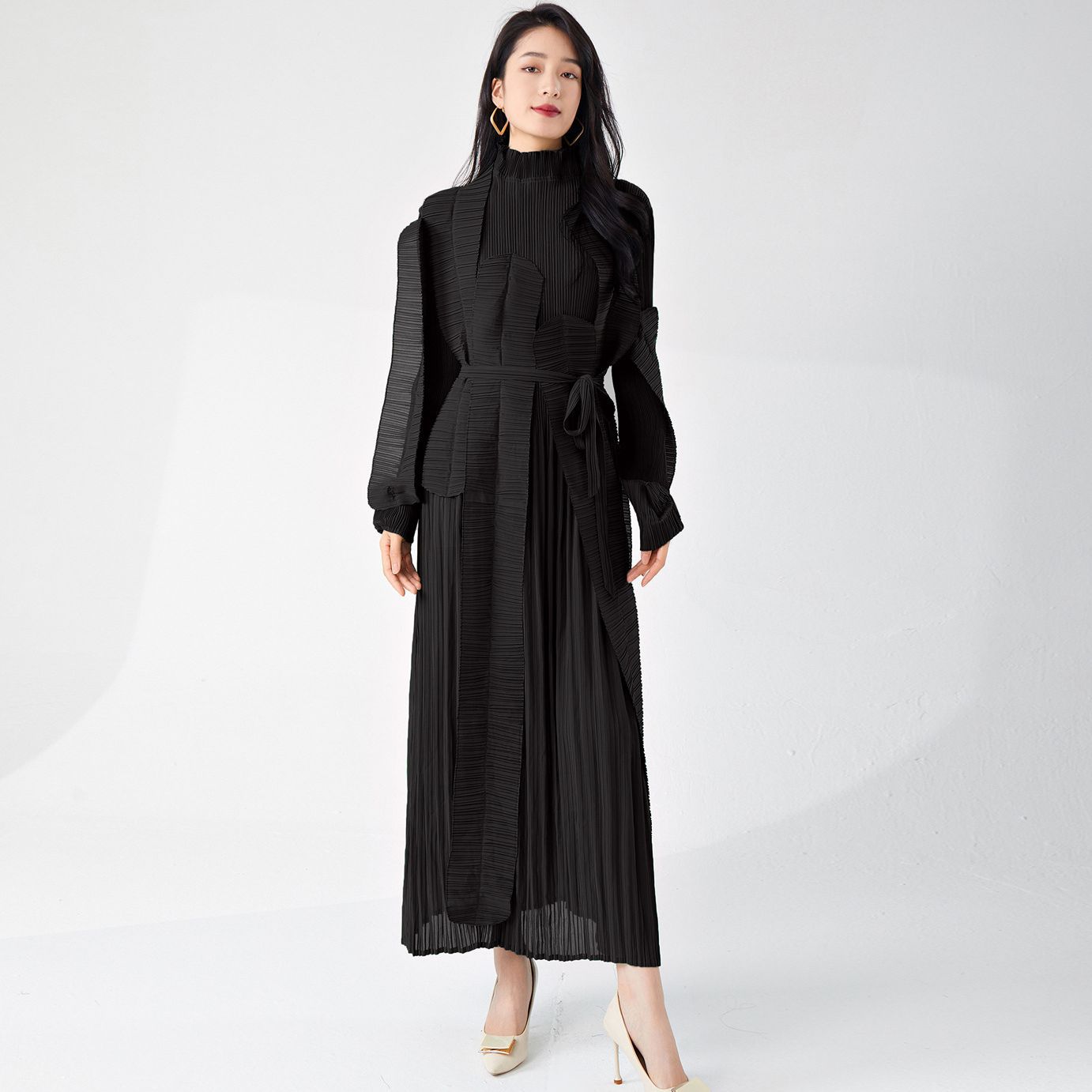 レディース長袖ワンピース 高級変則継ぎプリーツデザインロングスカート レディース秋