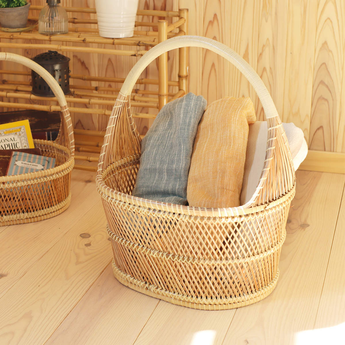 バスケット マパオ ナチュラル L カゴ かご かごバスケット 収納 天然素材 持ち手付き 幅35x奥行31x高さ44cm 小物収納 小物入れ アジアン雑貨 キッチン 玄関 見せる収納