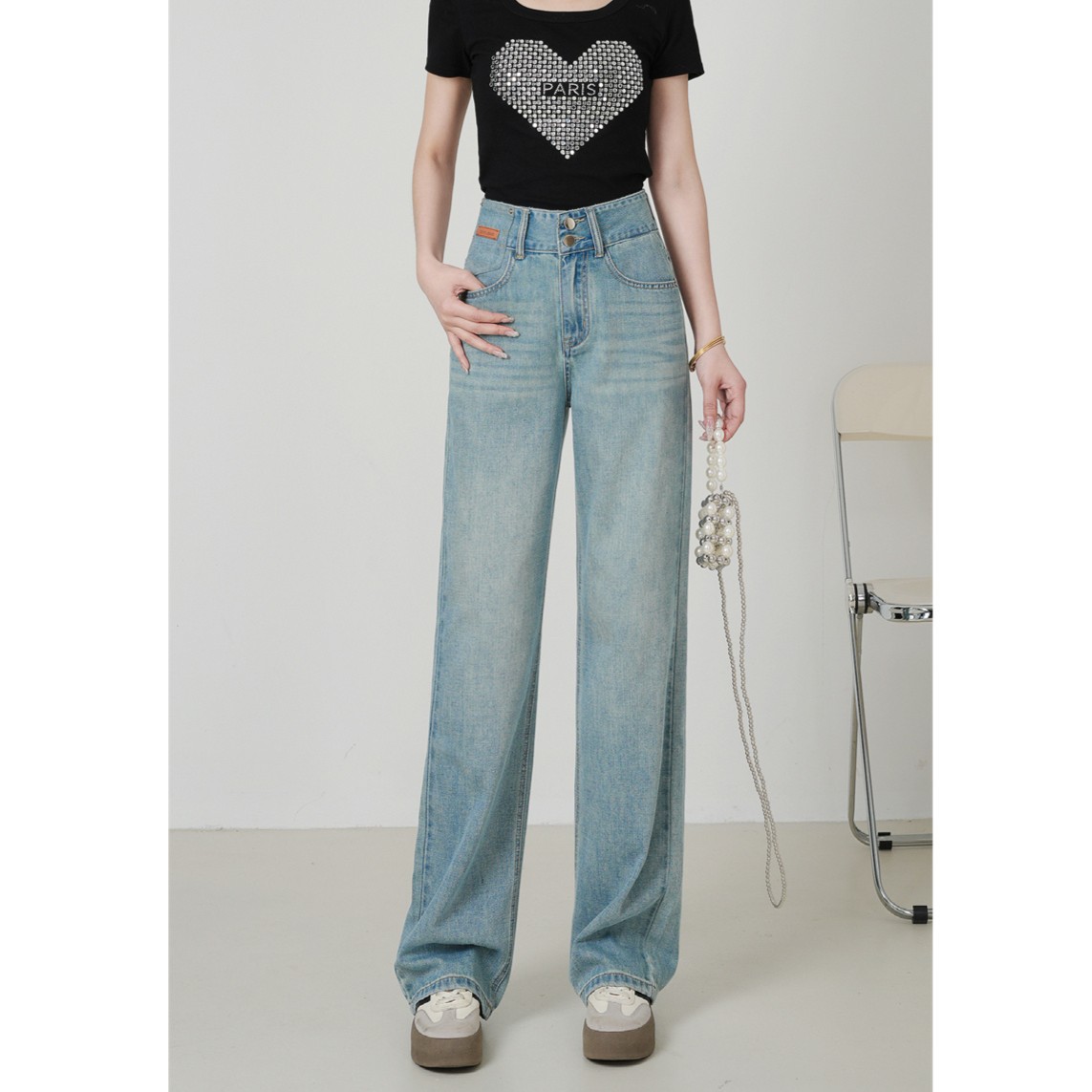 女性用ブレスト刺繍ナローストレートパンツ2024夏薄手ハイウエストスリムジーンズ快適