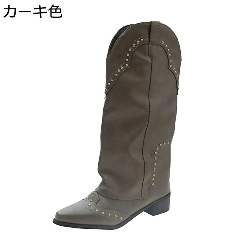ウェスタンブーツ リベット 金属 メタリック ドレープ 大きいサイズ ロングブーツ レディース ミドルヒール ポインテッドトゥ 粗いかかと ジッパー 秋冬 レトロ 走れる おしゃれ シンプル