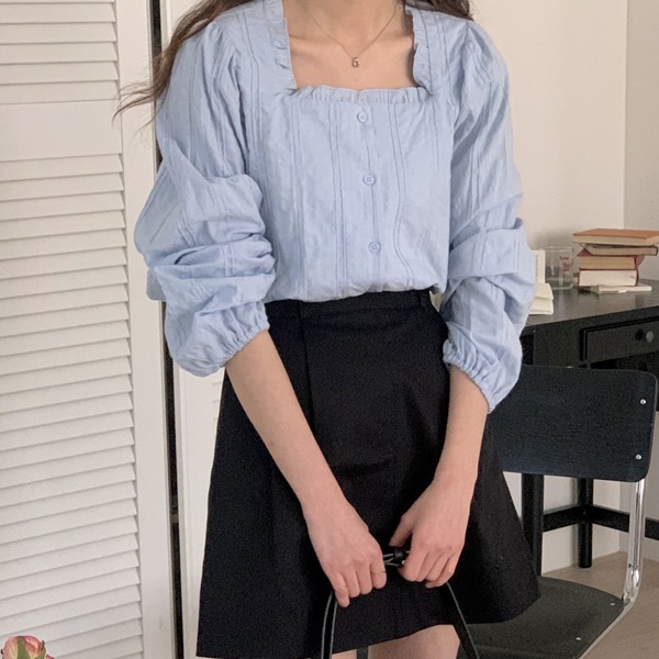 韓国ファッション フリルシャーリング スクエアネック パフ ブラウス