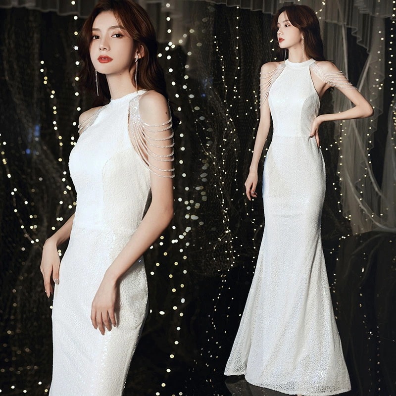 イブニングドレス マーメイドドレス ホルターネック 白 ロングドレス 発表会ドレス マーメイドライン フリンジ ビーズ キレイめ パーティードレス ノースリーブ ホワイト ドレス XS S M L X
