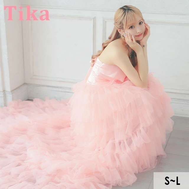 【送料無料】キャバ ドレス フレア ロング ティアード ベアトップ Aライン サテン ノースリーブ チュール S～Lサイズ 大きいサイズ セクシー キャバドレス キャバ嬢 キャバクラ ラウンジ