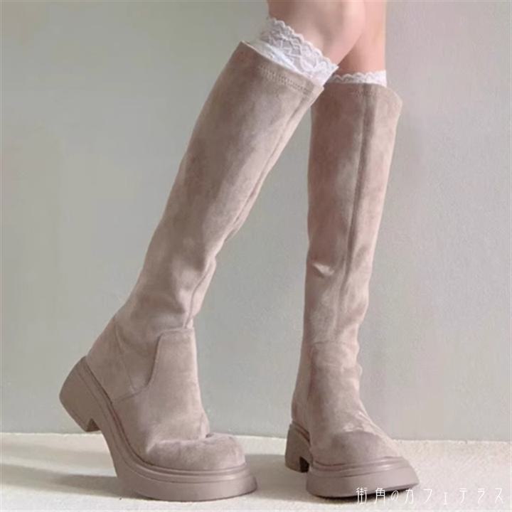 シューズ 靴 ブーツ 2色 ロング ローヒール 丸トゥ ラウンドトゥ ファスナー スウェード レトロ クラシカル エレガント 可愛い 大人可愛い きれいめ シンプル カジュアル シック コンサバ 華や