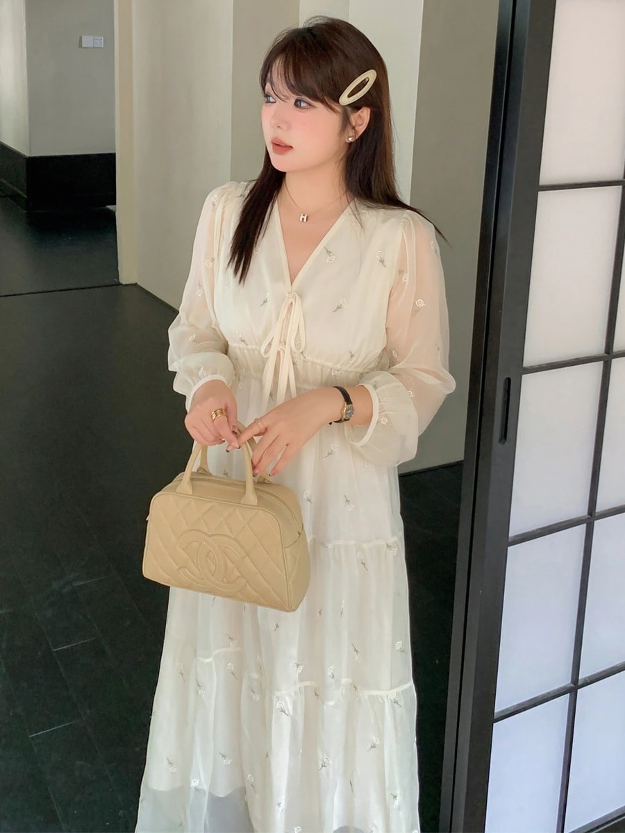 【ぽちゃまに】 2024秋新品 フランス風 レトロ ワンピース Ｖネック 体型カバー 大きいサイズ レディース ロングワンピース メガ割30%までに制限