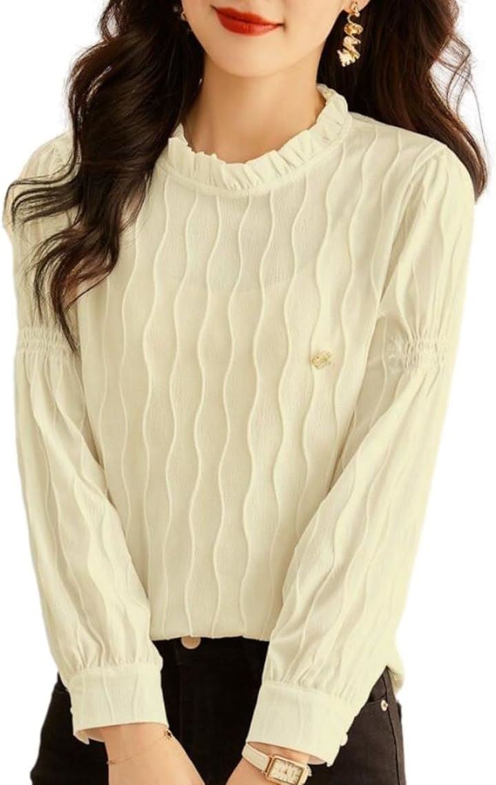 波柄ブラウス ミニブローチ付き 凹凸生地 デザイン袖 フリルネック パフスリーブ 長袖 レディース(アイボリー, XL)シャツ・ブラウス