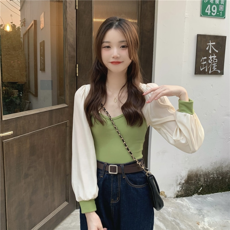 個性的 トップス Tシャツ シャツ 袖あり 長袖 ボリューム袖 スクエアネック 細身 切り替えデザイン 透け感 シースルー かわいい 大人可愛い きれいめ おしゃれ こなれ感 ラフ ラブリー キュート